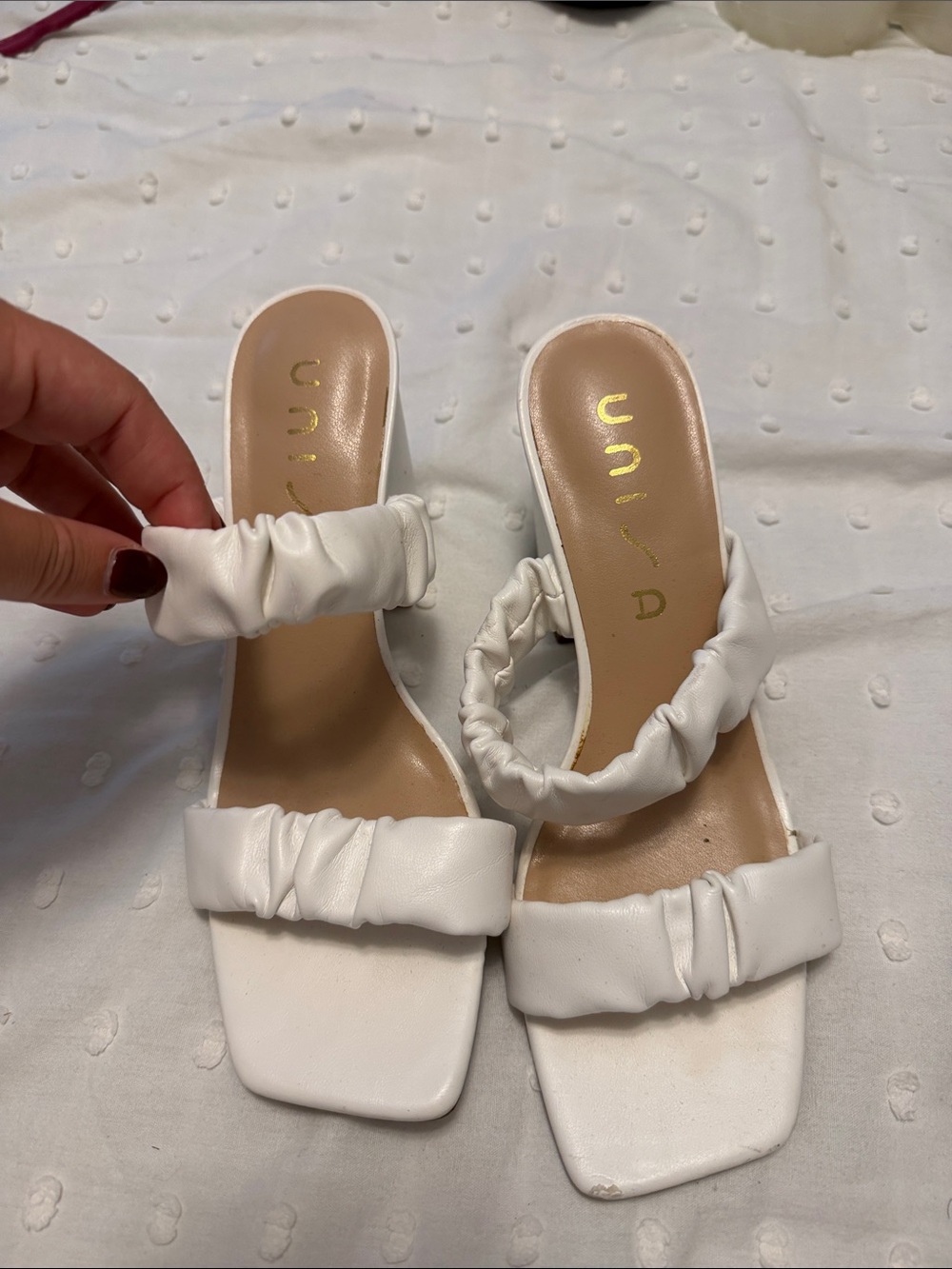 Unisa White Ruched Strap Slide Sandals